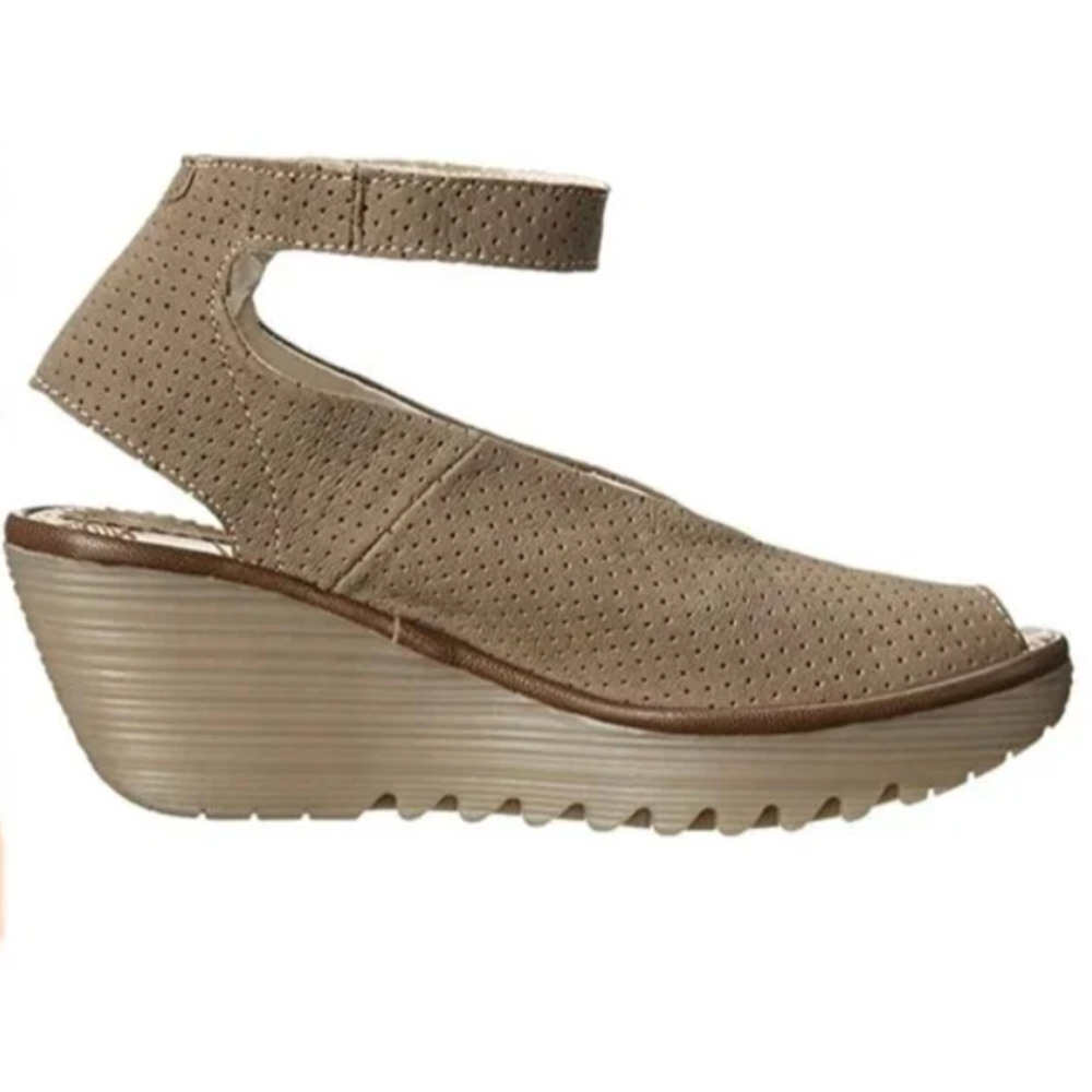 Fly London Yala Khaki Brown Open Toe Preferorated Ankle Strap Wedge Heels EU 37